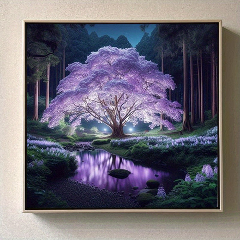 5D Purple Night Light Cherry Blossom Diamond Painting Kit