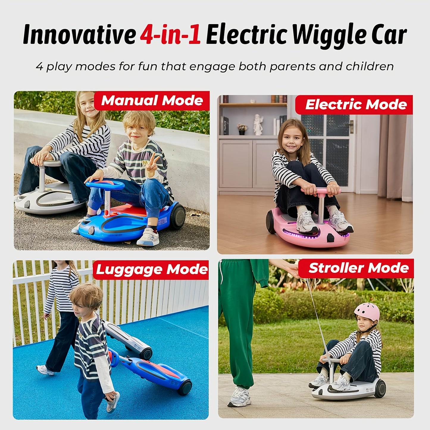 Electric Wiggle Car Ride On Toy for Kids, 4-in-1 Modes
