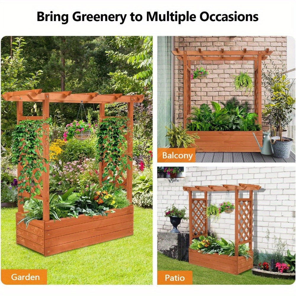 Teak Wood Raised Garden Bed With Trellis And Arched Roof