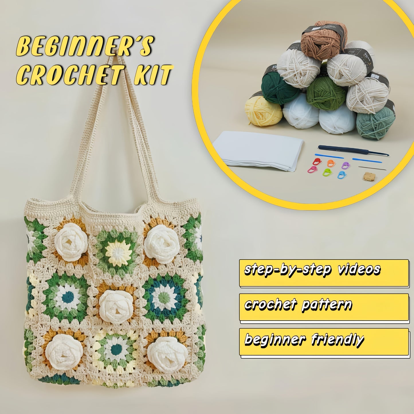 Crochet Kit 3D Camellia Granny Square Bag DIY Tote Set