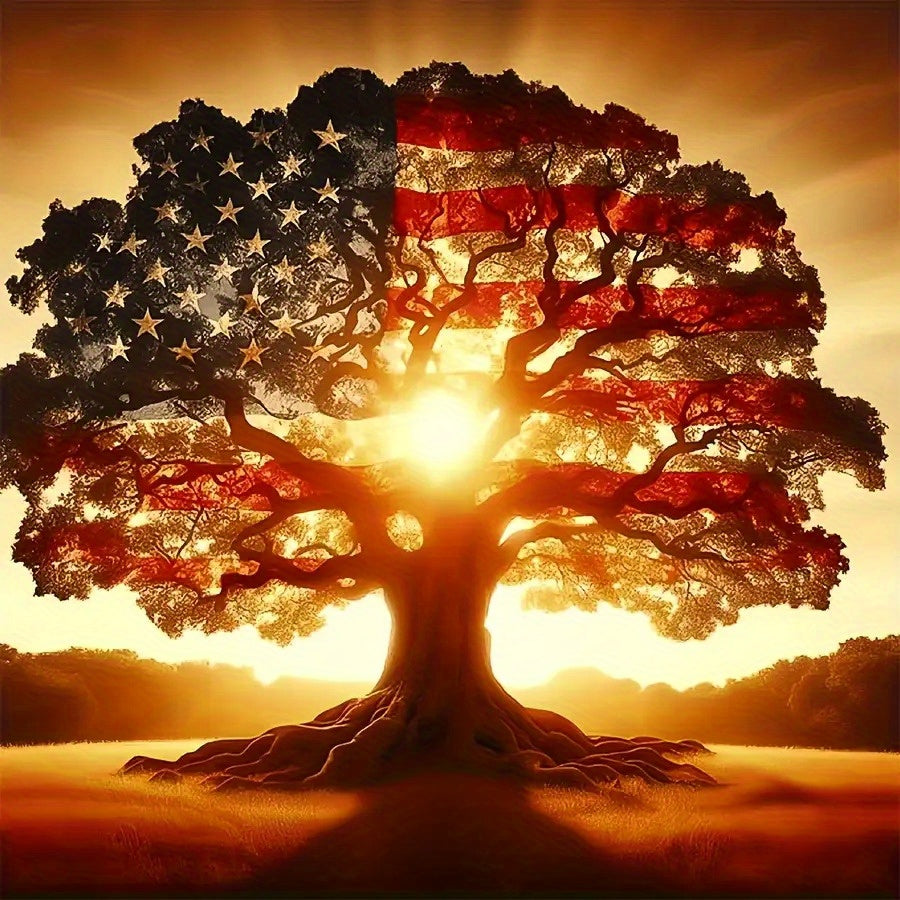 Patriotic Diamond Painting Kit Flag Tree Design Round