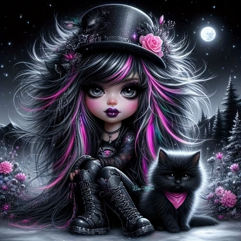 Girl With Black Cat 5D Diamond Art Kit Round Drill Beginner