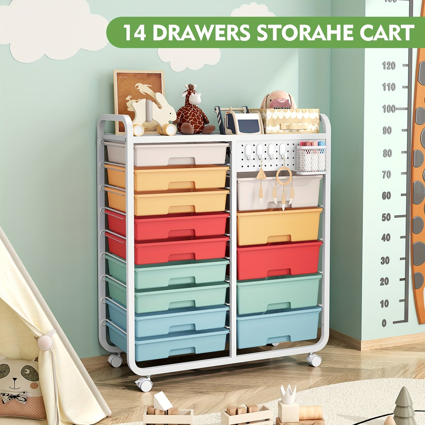 TOOLF Durable 14-Drawer Rolling Metal Storage Cart