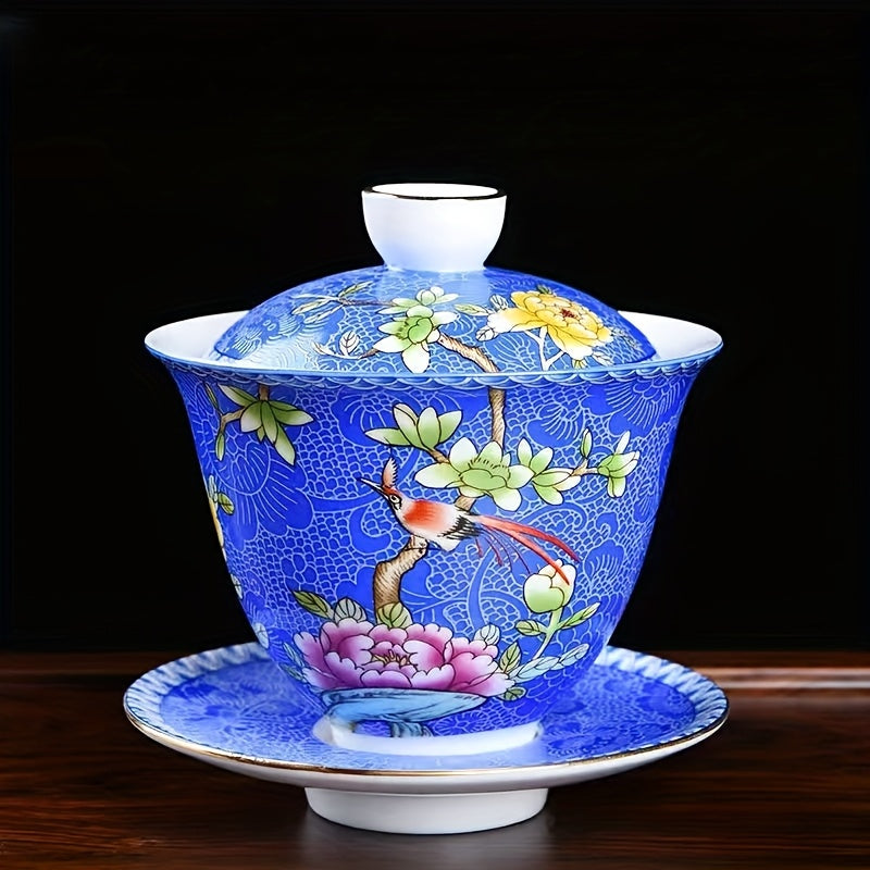 Ceramic Enamel Covered Tea Cup Set With Lid And Decor