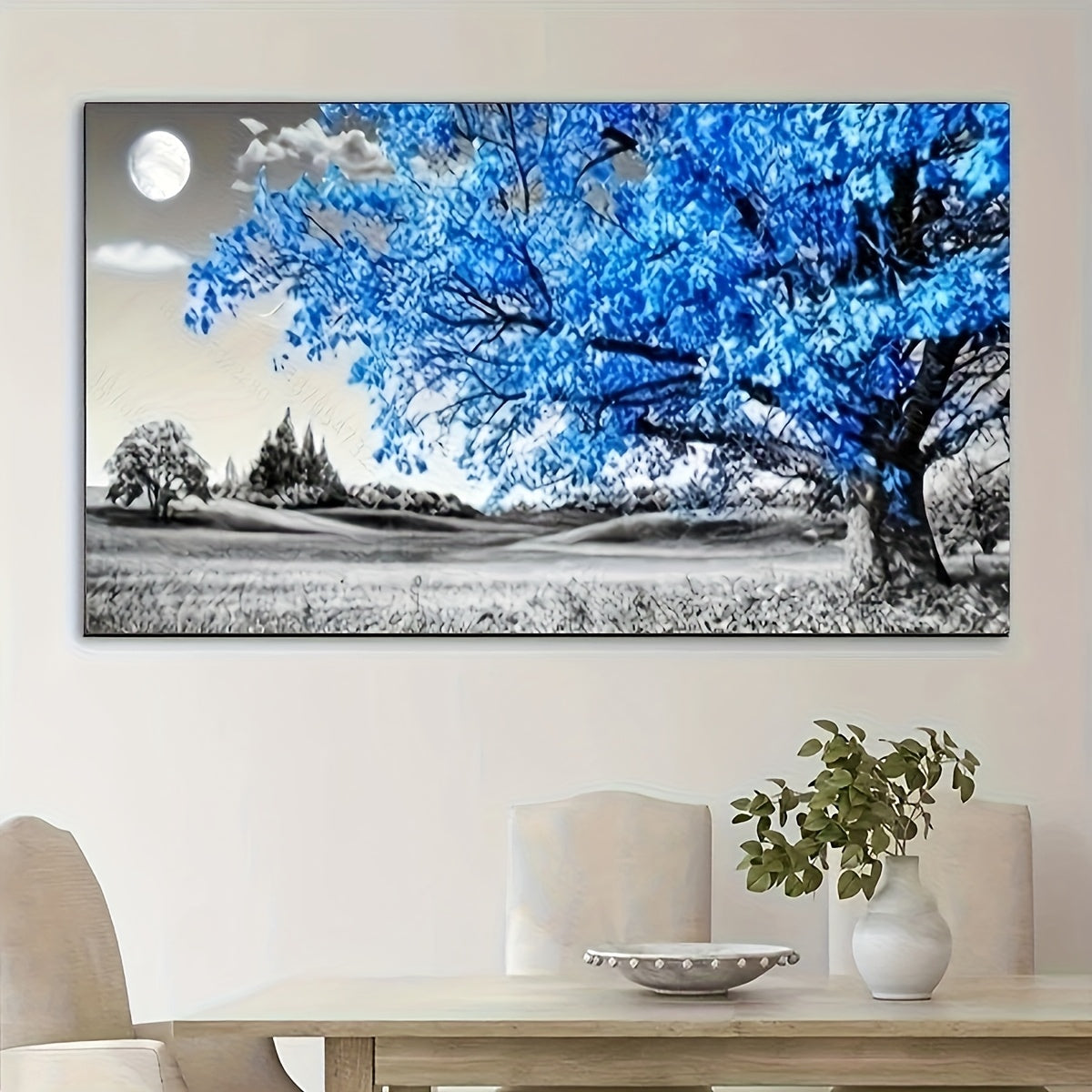 Frameless Round Diamond Painting Kit Blue Tree Wall Decor