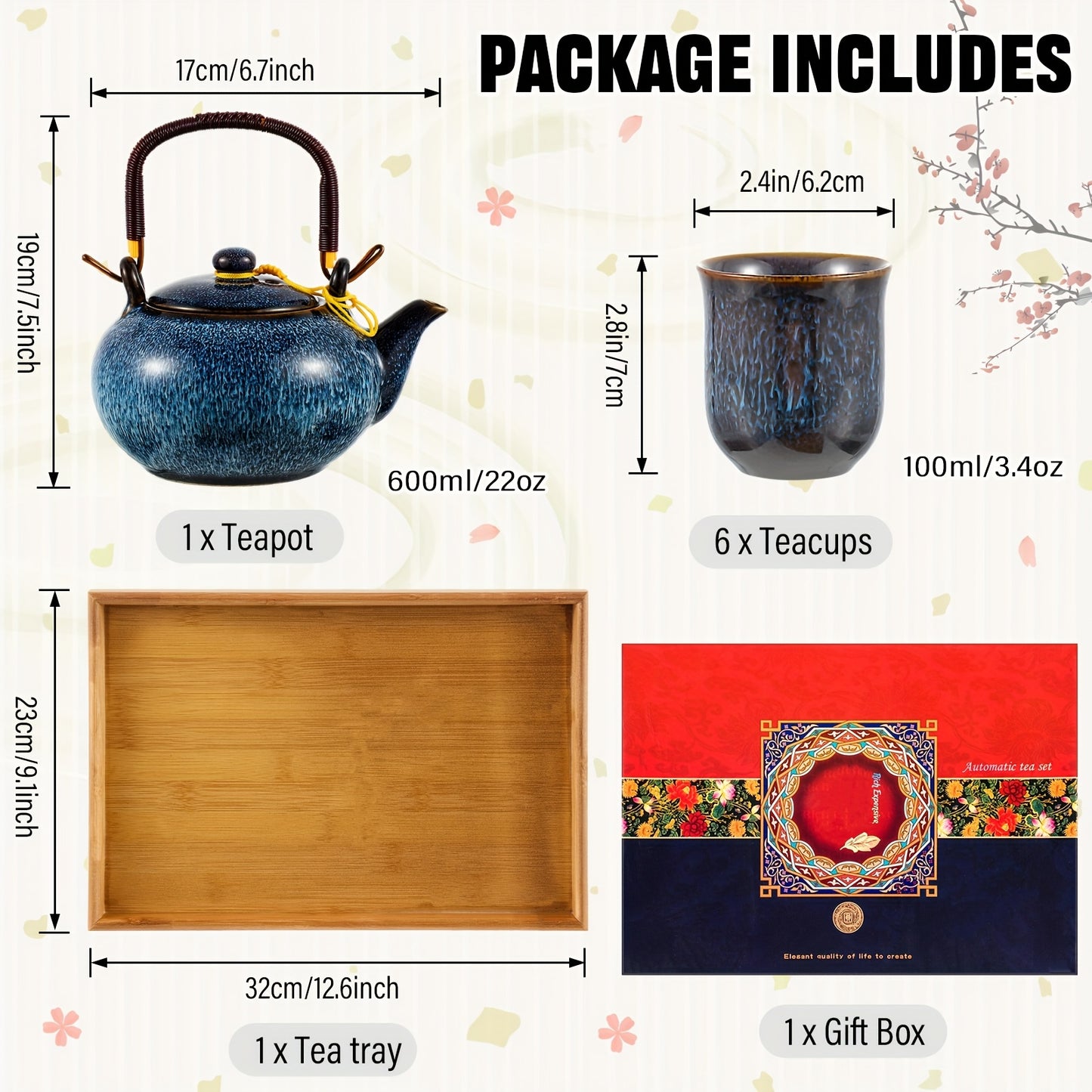 Japanese Tea Set 7 Pieces Teapot 6 Cups Tray Blue Porcelain