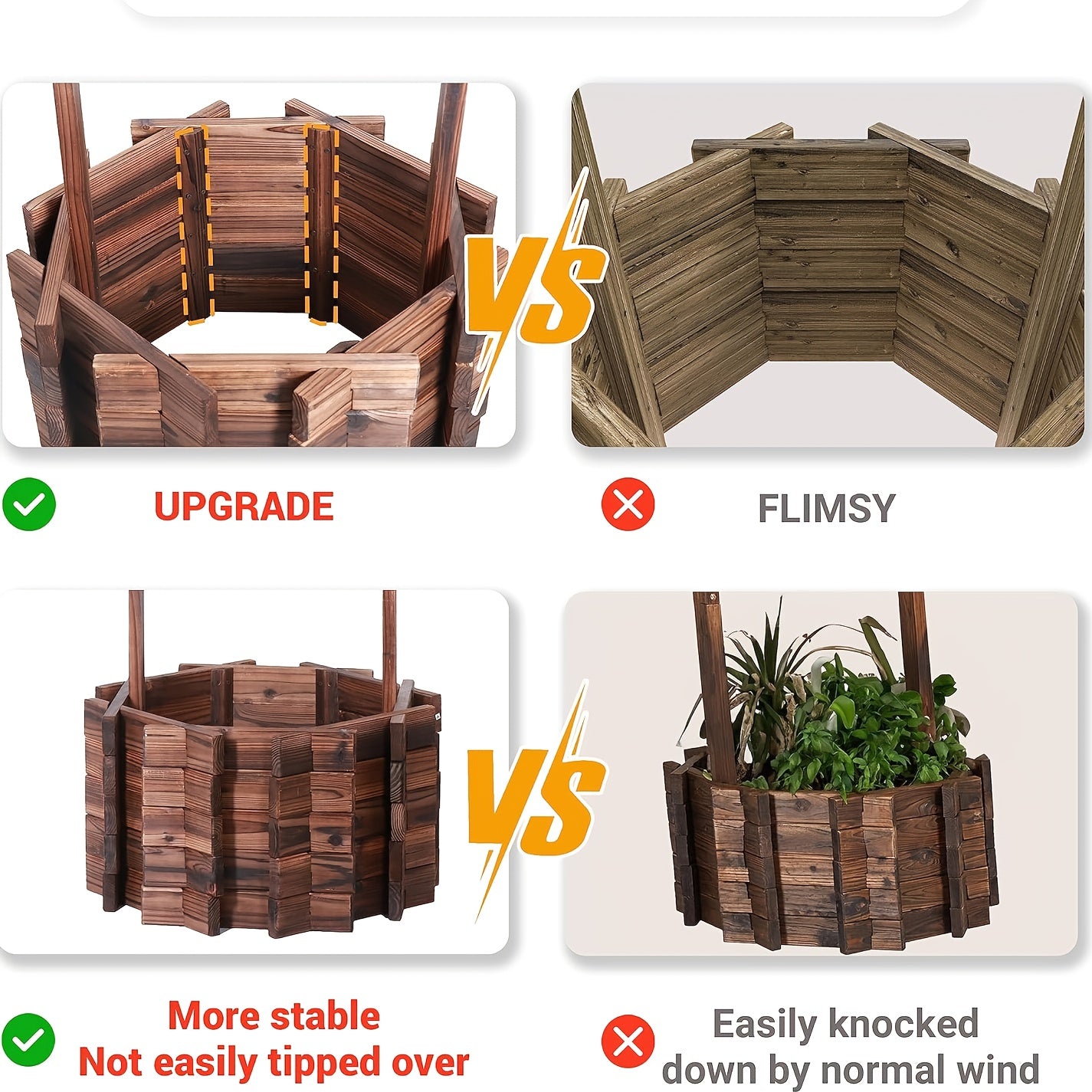 Rustic Wooden Wishing Well Planter With Hanging Bucket