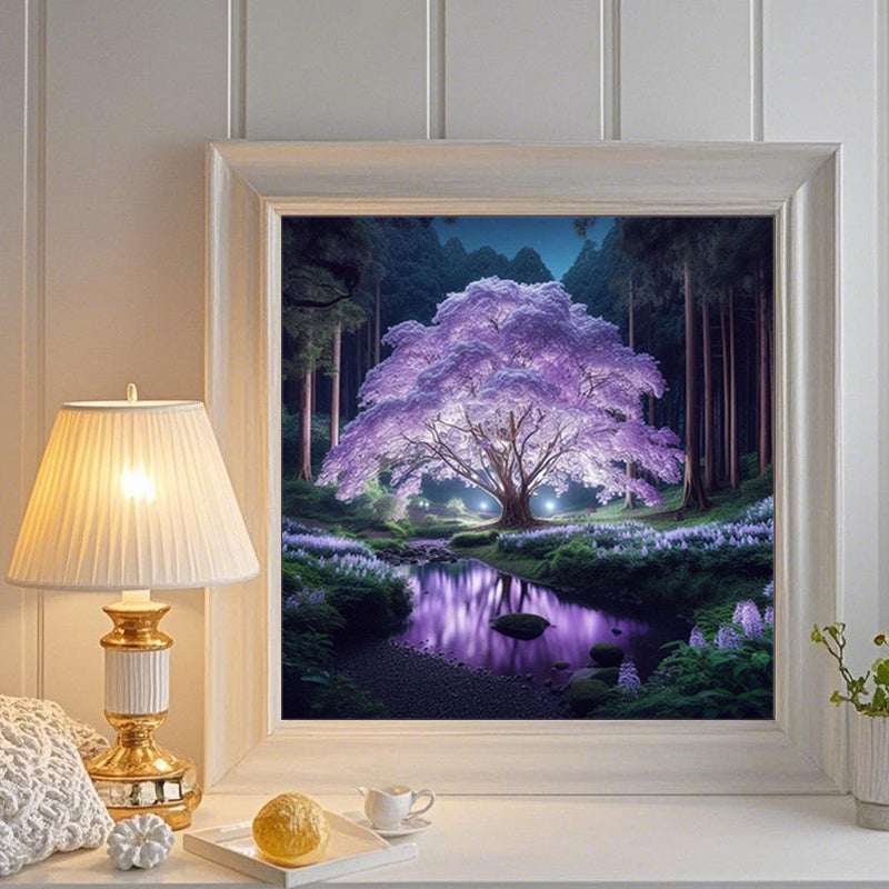 5D Purple Night Light Cherry Blossom Diamond Painting Kit