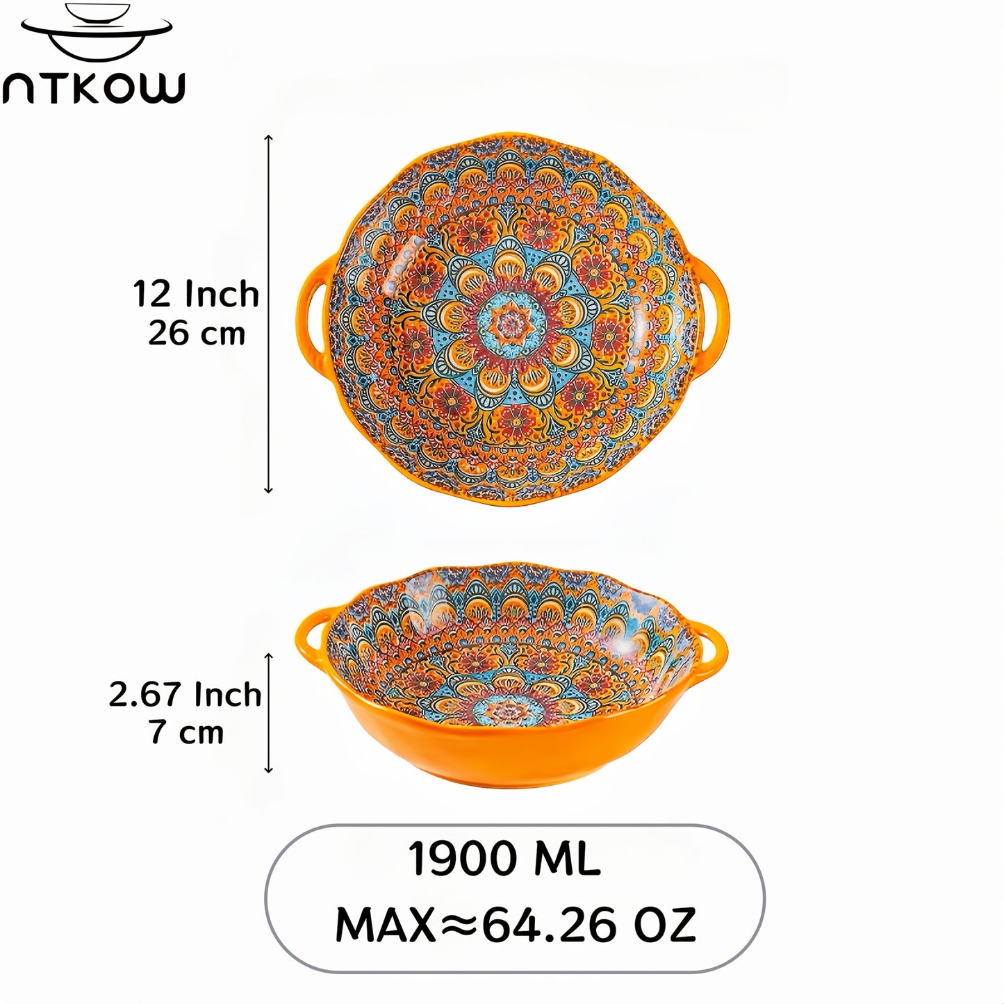 NTKOW Bohemian Ceramic Salad Bowl 12 Inch Dual Handles