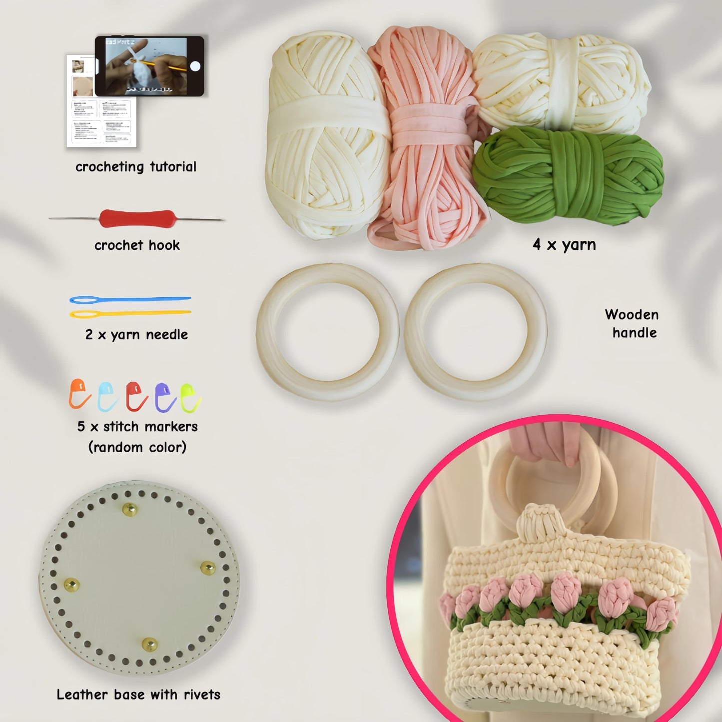 Tulip Crochet Handbag Kit With Wooden Handles And Yarn