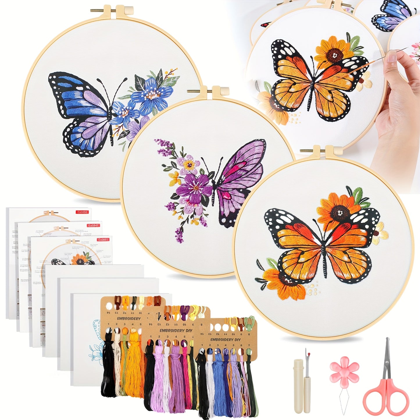 3 Piece Butterfly Embroidery Kit For Beginners With Thread