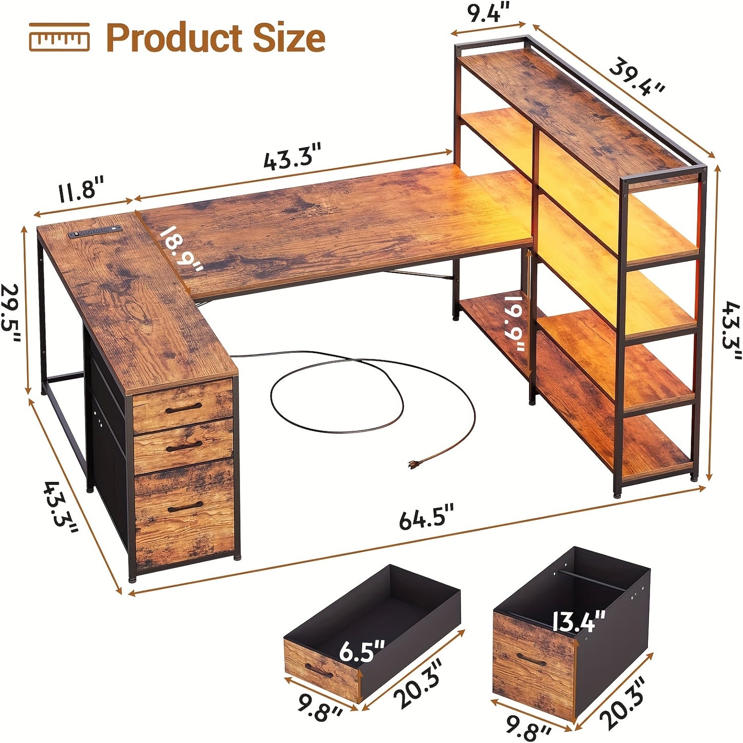 64.5 Inch Reversible L Shaped Gaming Desk with Storage