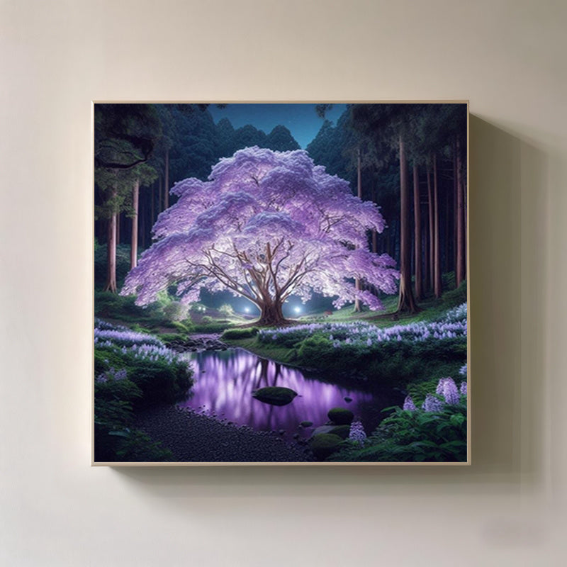 5D Purple Night Light Cherry Blossom Diamond Painting Kit