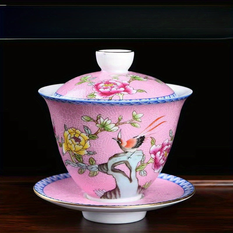 Ceramic Enamel Covered Tea Cup Set With Lid And Decor