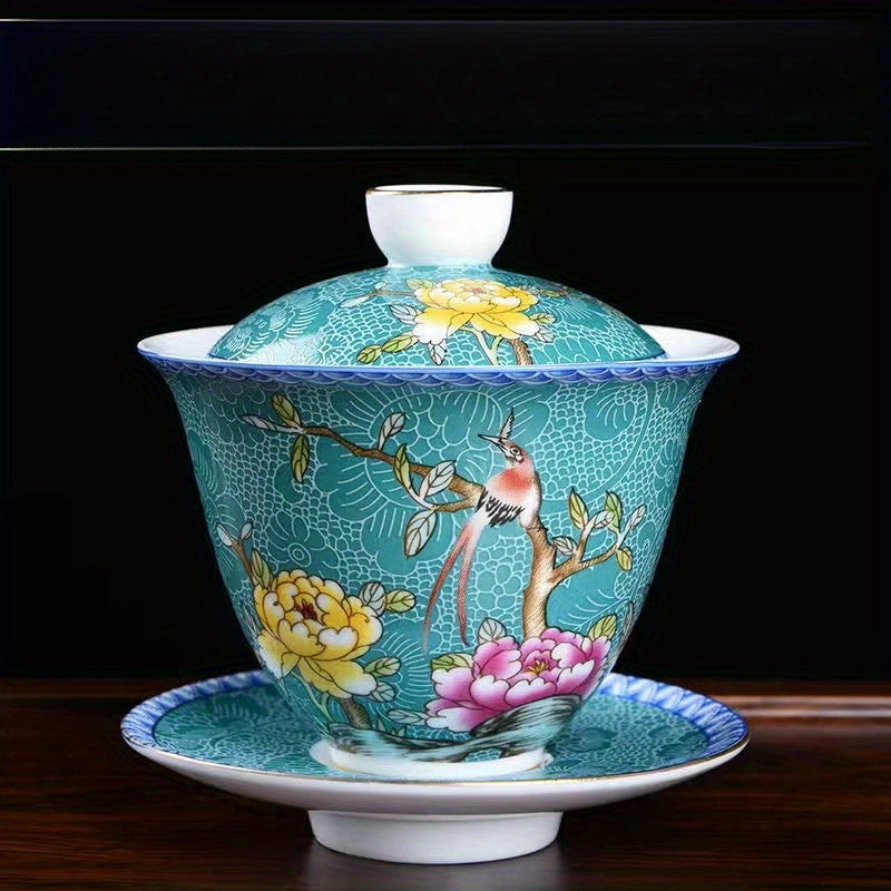 Ceramic Enamel Covered Tea Cup Set With Lid And Decor