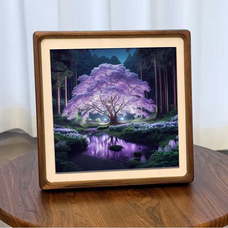 5D Purple Night Light Cherry Blossom Diamond Painting Kit