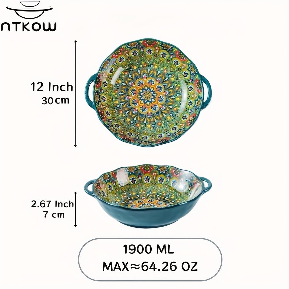 NTKOW Bohemian Ceramic Salad Bowl 12 Inch Dual Handles