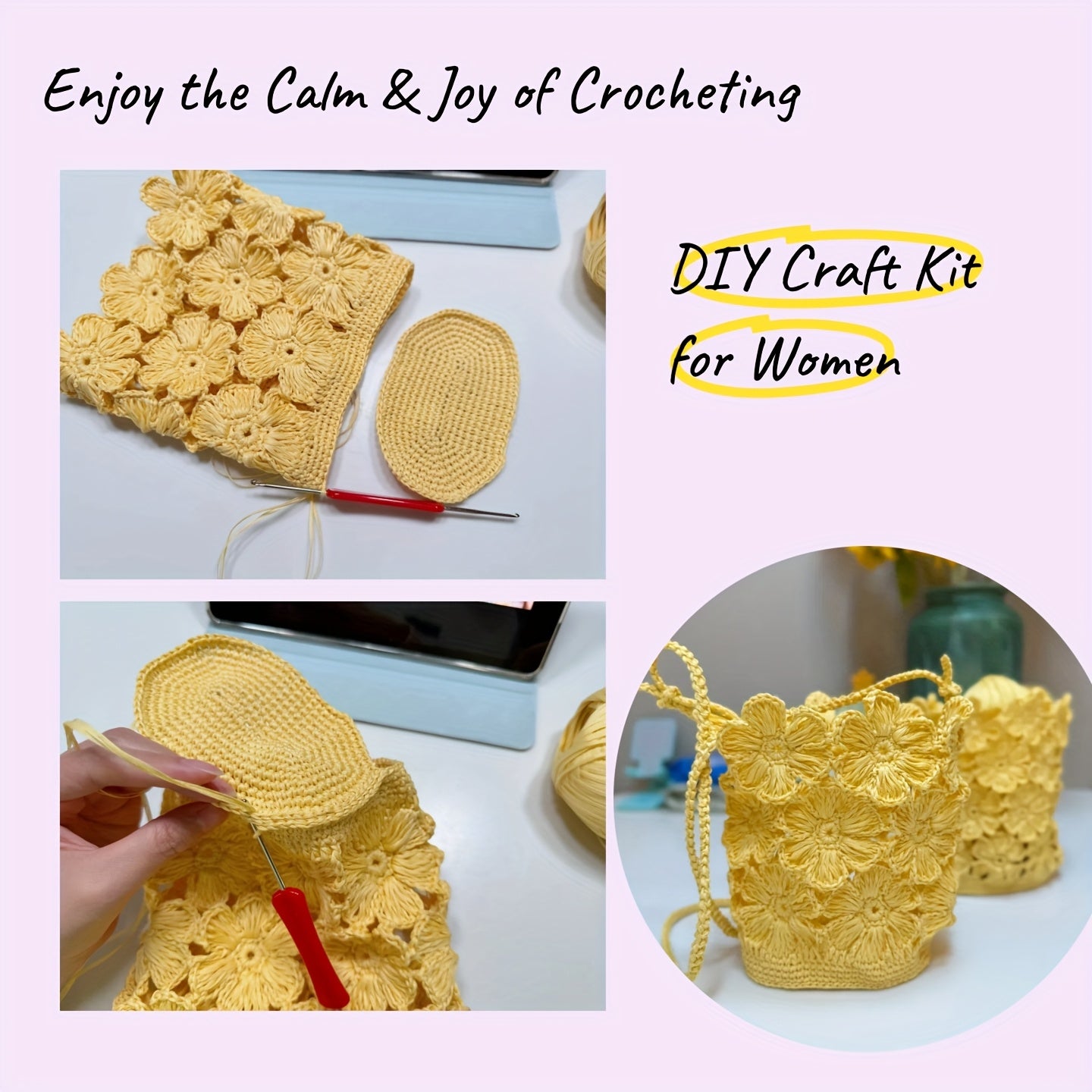 Lemon Yellow Daisy Crochet Shoulder Bag Kit Raffia Yarn