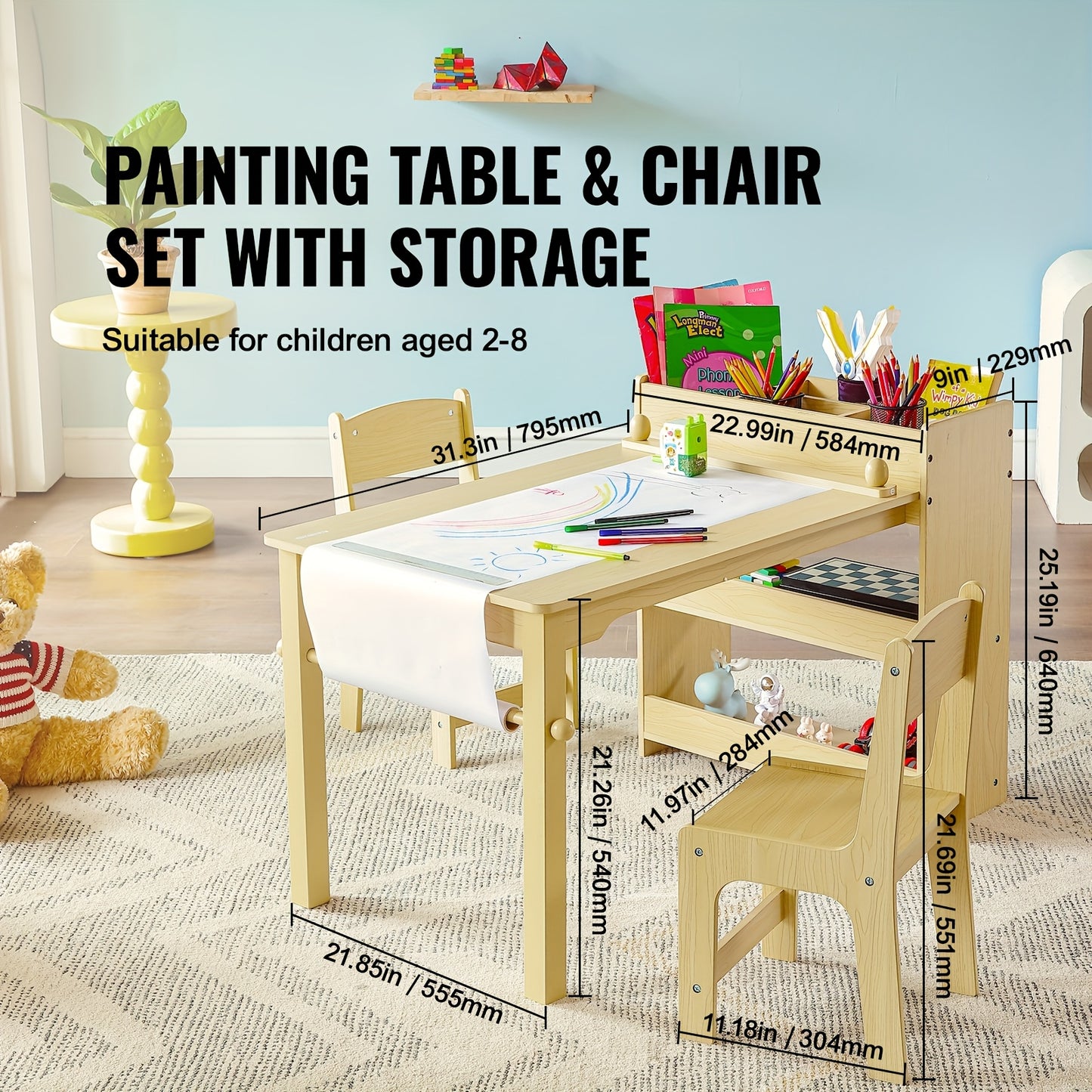 Happybuy Wooden Kids Art Table With 2 Chairs And Cabinet