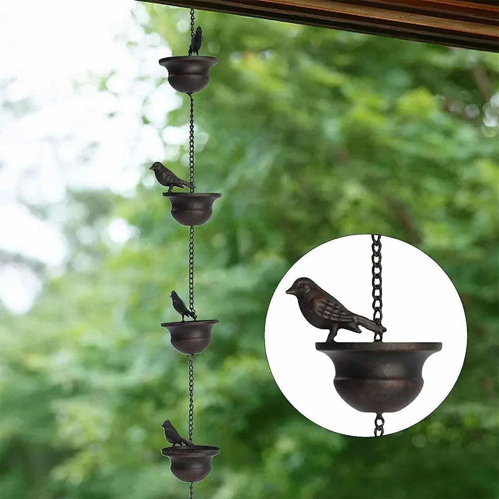 8 Feet Metal Rain Chain with Bird Cups for Outdoor Decor
