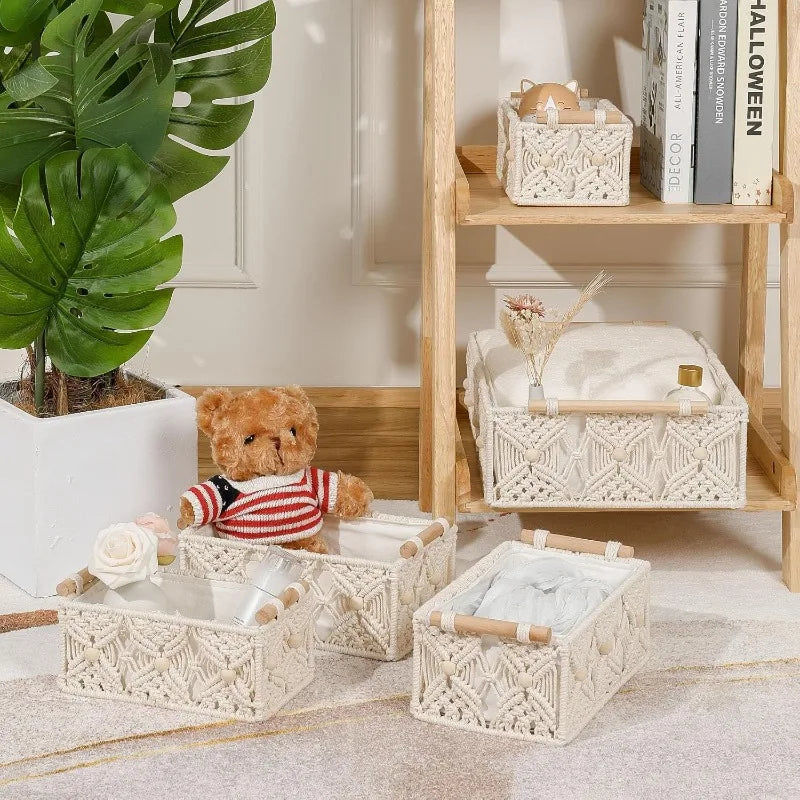 5 Piece Macrame Decorative Storage Bins with Wooden Handles