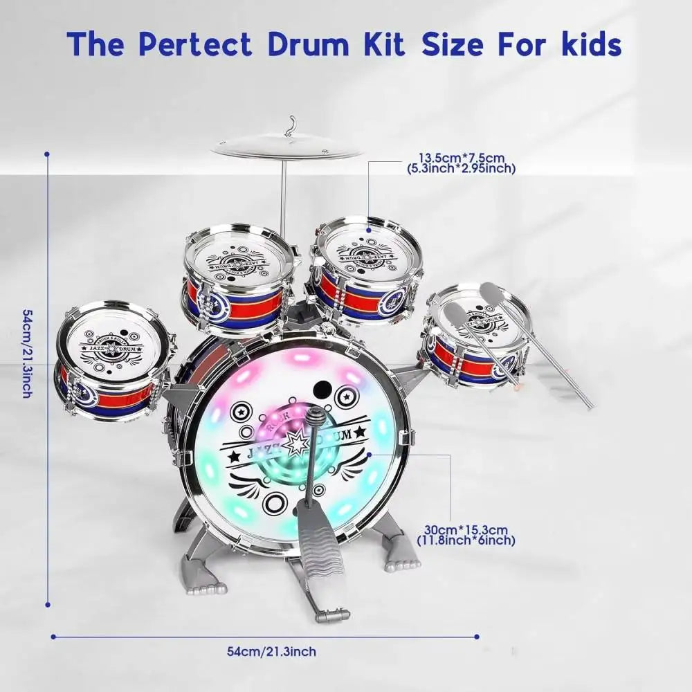 Mini Jazz Drum Set with Stool for Beginners Kids 6 Drums LED
