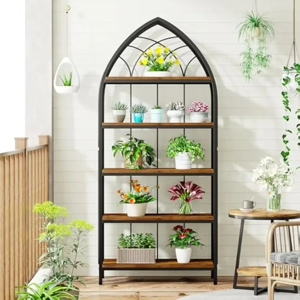 5-Tier Indoor Plant Stand 74.8 Inch Tall Wood and Metal Shelf
