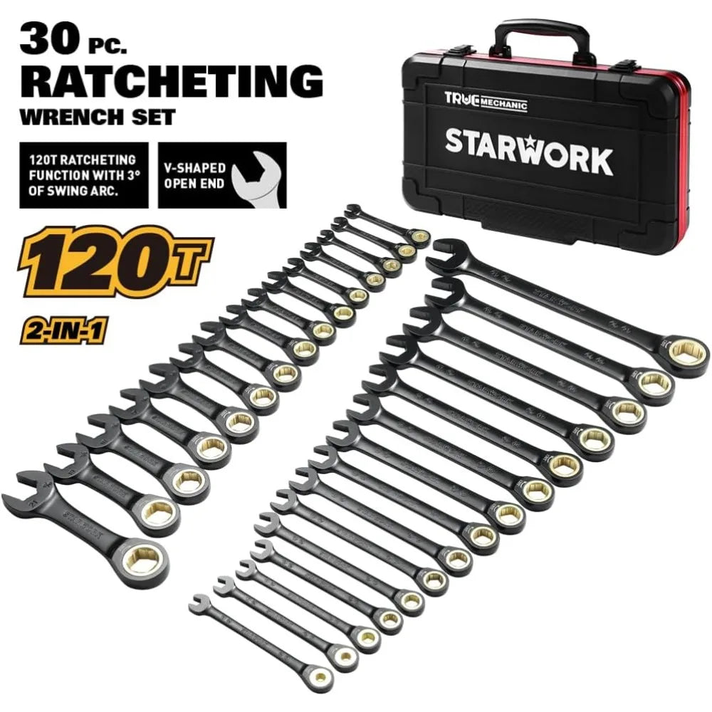 True Mechanic 30 Piece 120T SAE Metric Ratcheting Wrench Set