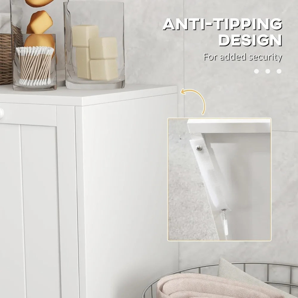 Modern Two Compartment Laundry Hamper Cabinet White for Bathroom and Laundry Room