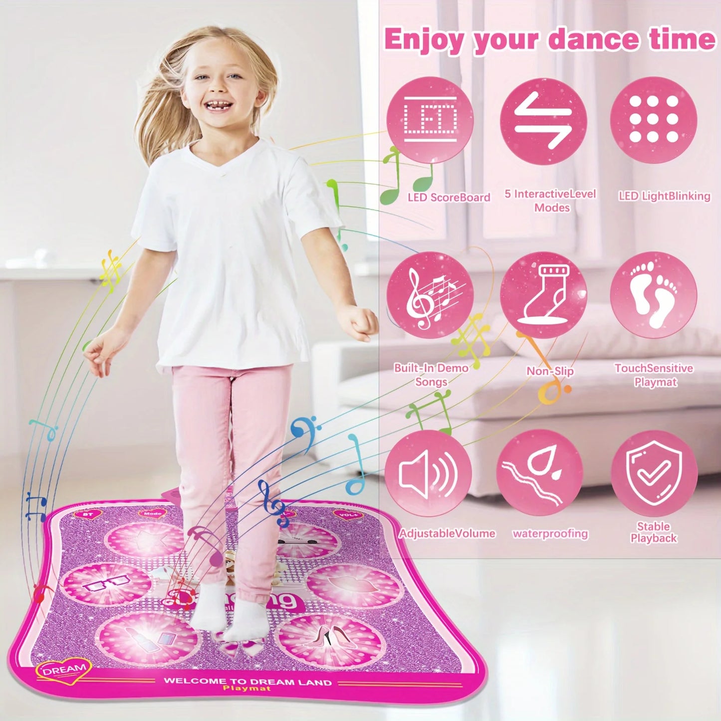 Portable LED Dance Mat For Kids Pink Princess Music