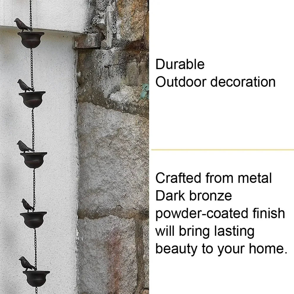 8 Feet Metal Rain Chain with Bird Cups for Outdoor Decor
