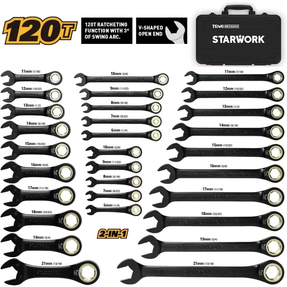 True Mechanic 30 Piece 120T SAE Metric Ratcheting Wrench Set