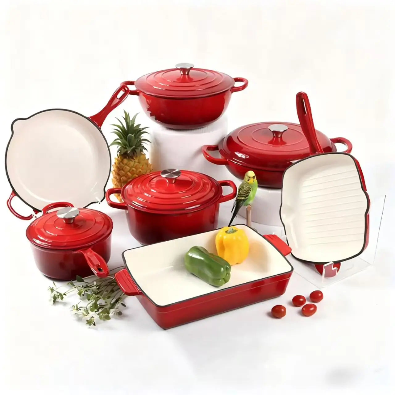 Multicolor Enamel Cast Iron 11 Piece Cookware Set Induction