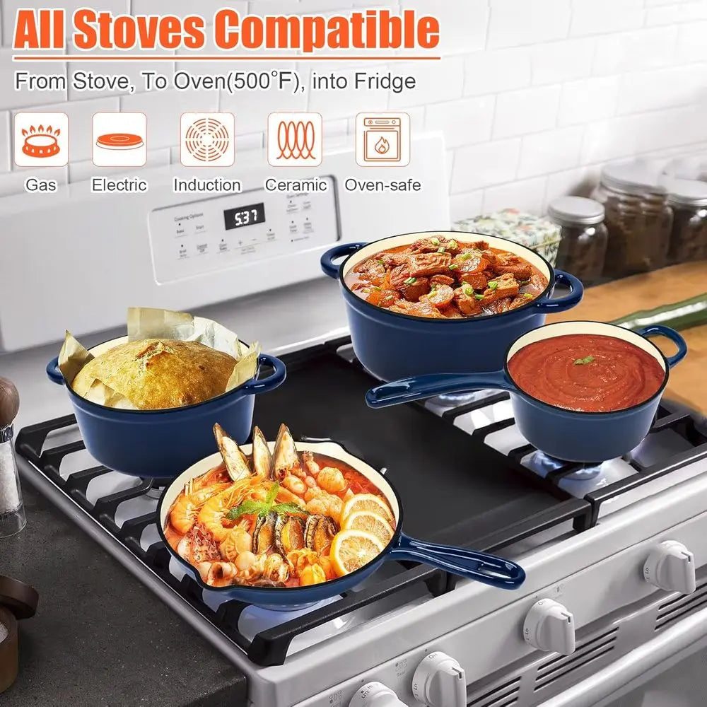 7 Piece Enameled Cast Iron Cookware Set Navy Lids Dutch Oven