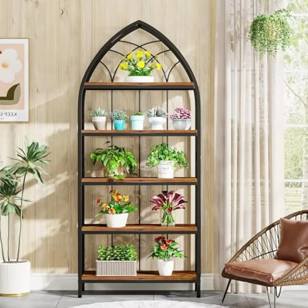 5-Tier Indoor Plant Stand 74.8 Inch Tall Wood and Metal Shelf