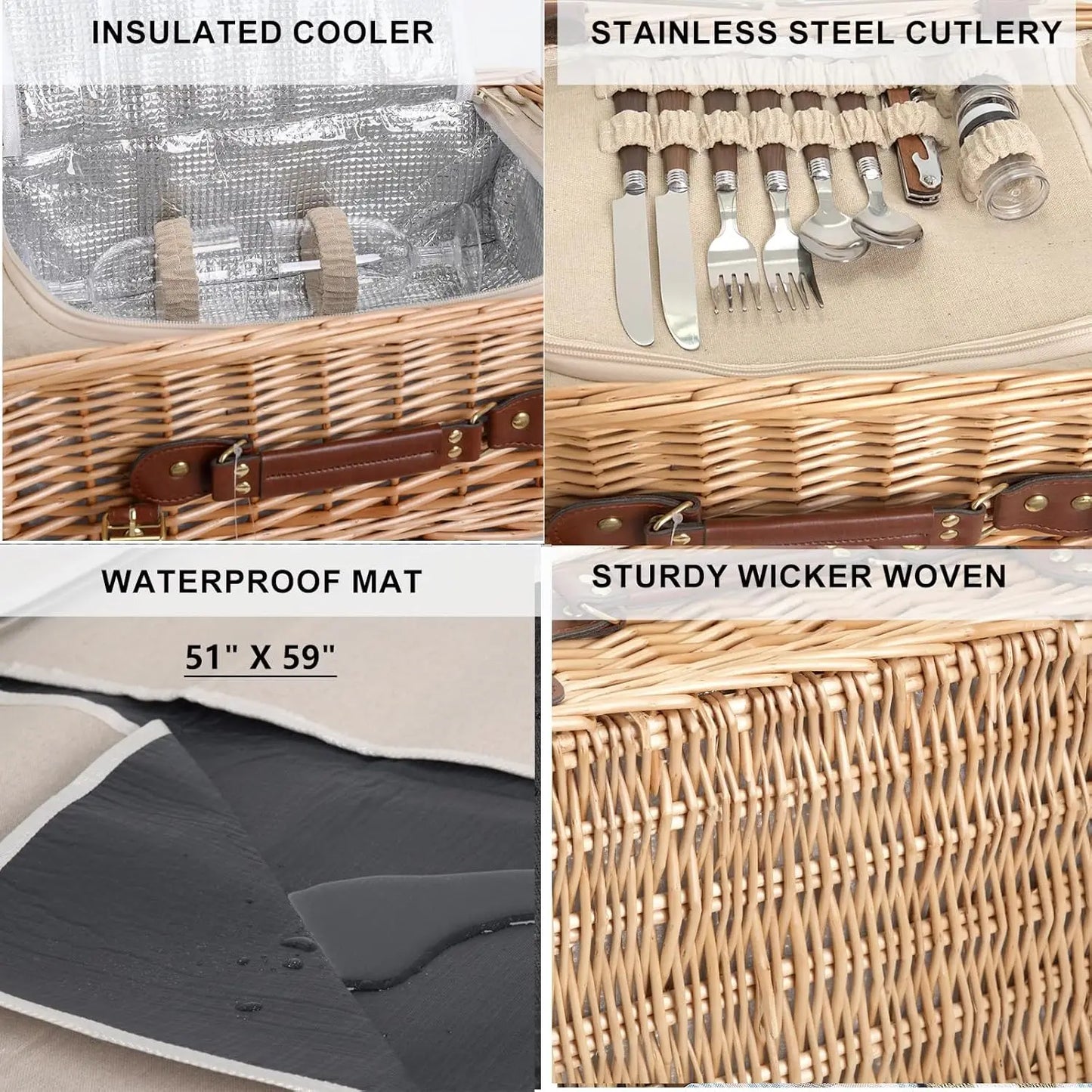 Multifunctional Wicker Picnic Basket Set for Two with Blanket