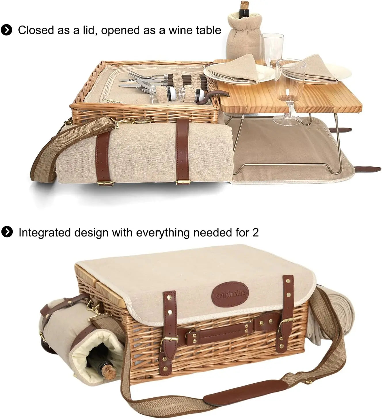 Multifunctional Wicker Picnic Basket Set for Two with Blanket