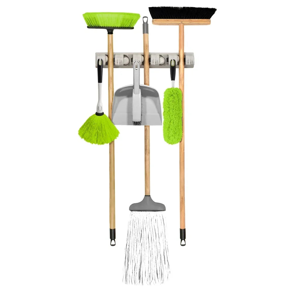 5 Broom Holder Wall Mounted Organizer with 6 Hooks for Utility