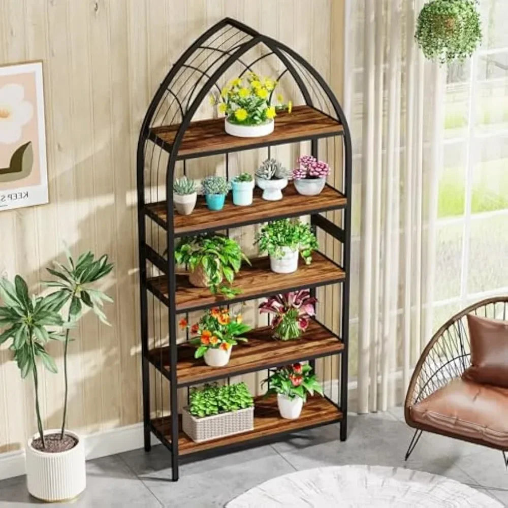 5-Tier Indoor Plant Stand 74.8 Inch Tall Wood and Metal Shelf
