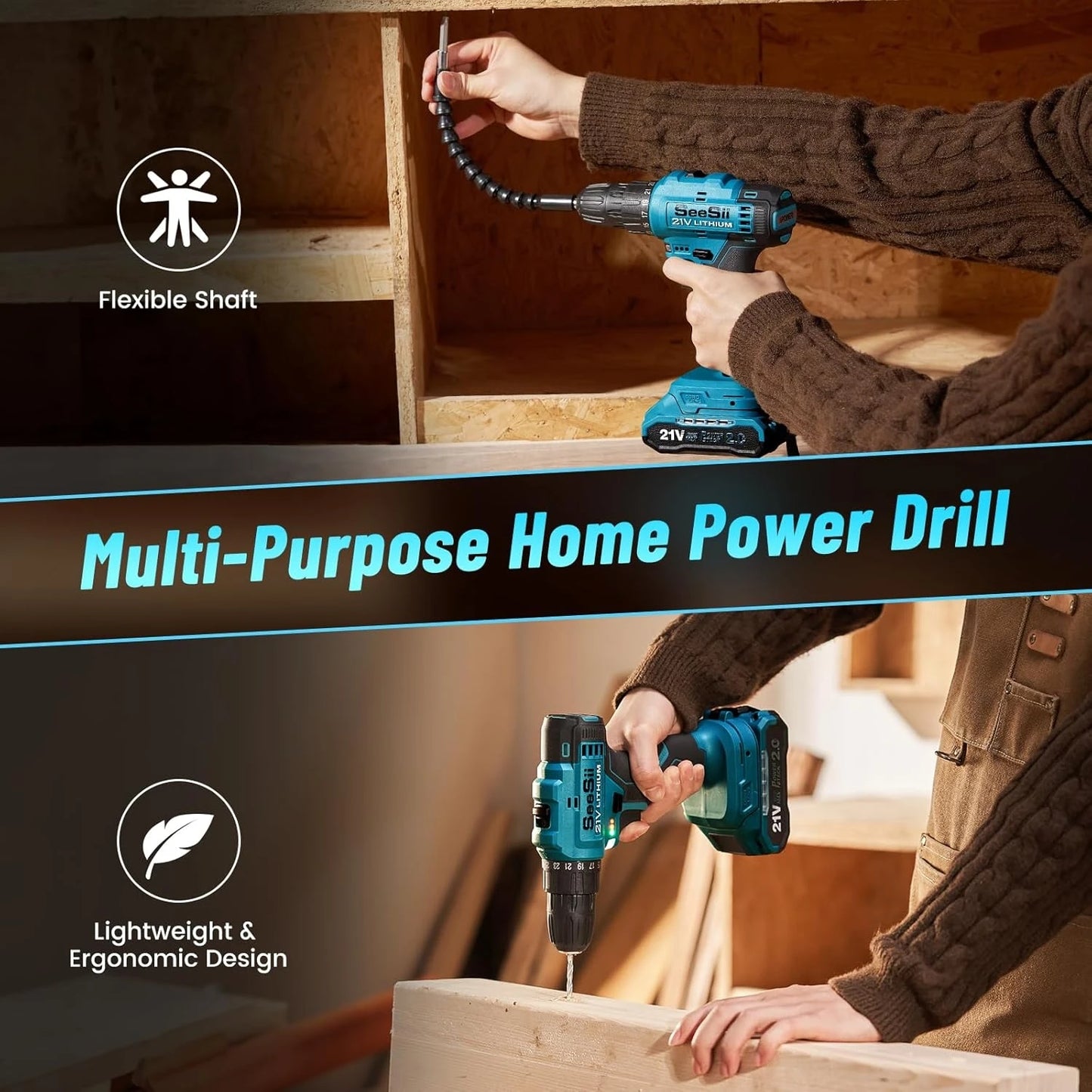 Seesii 21V Cordless Drill Kit 230 Pcs For Home Repair