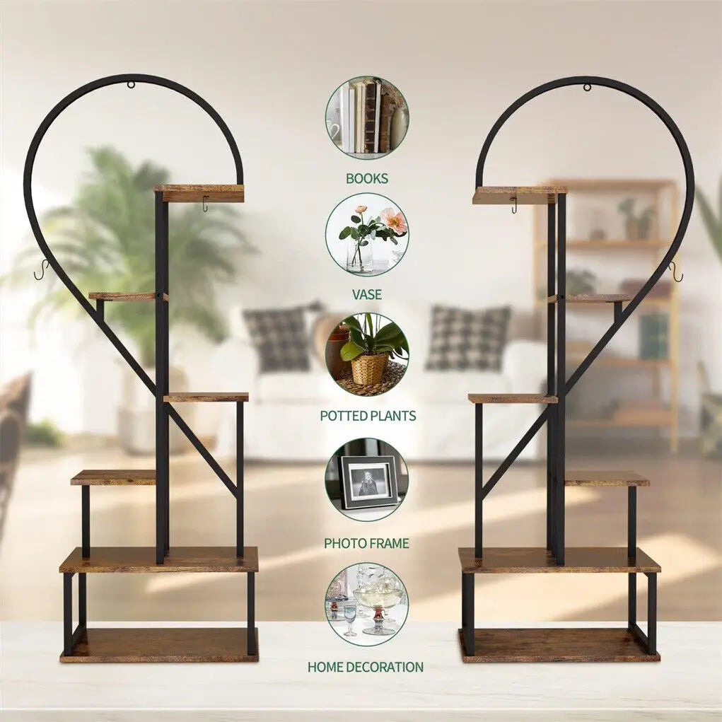 6 Tier Heart Shaped Wood and Metal Plant Stand Storage Shelf