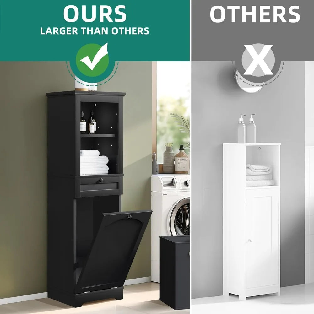 Tall 53 Inch Hidden Laundry Hamper Cabinet With Drawer In Black And Bathroom Storage Shelf