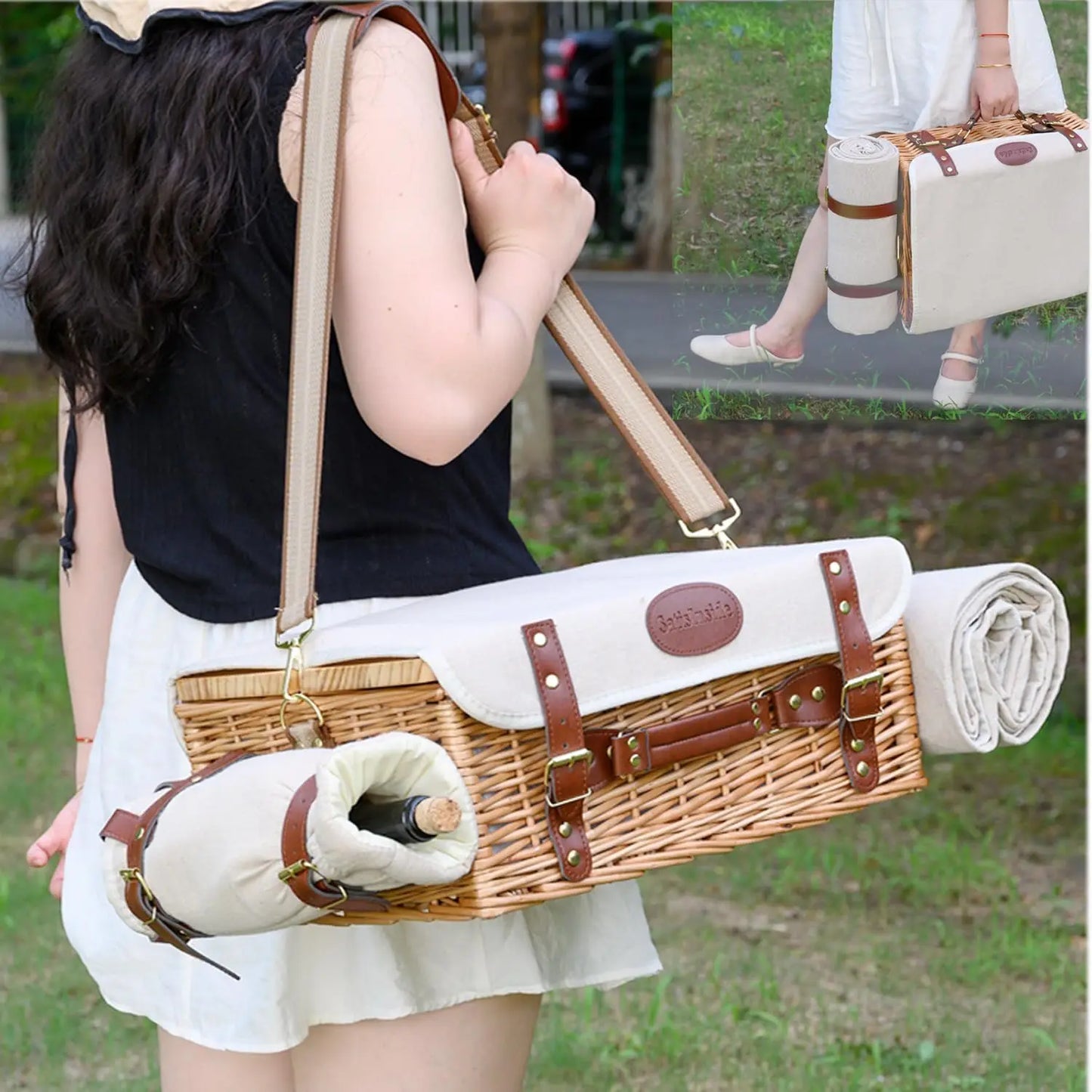 Multifunctional Wicker Picnic Basket Set for Two with Blanket