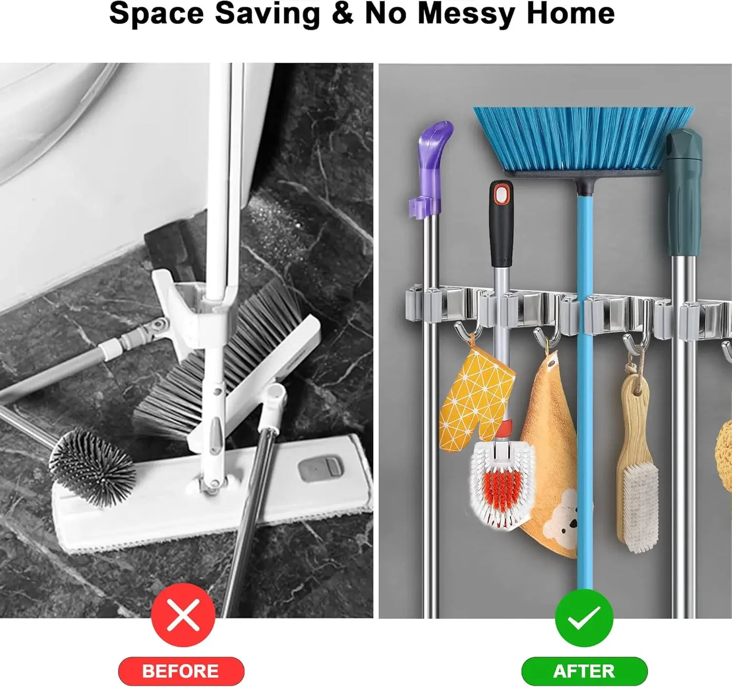Heavy Duty Broom Holder Wall Mount Organizer with Hooks