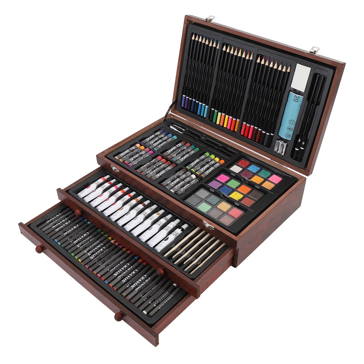 Wooden Art Set 142 Pieces with Colored Pencils Oil Pastels Crayons