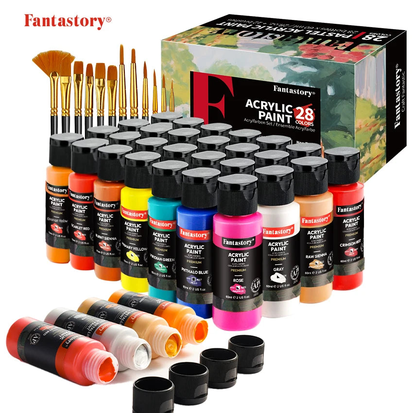 Fantastory 28 Classic Colors Acrylic Paint Set With 12 Brushes