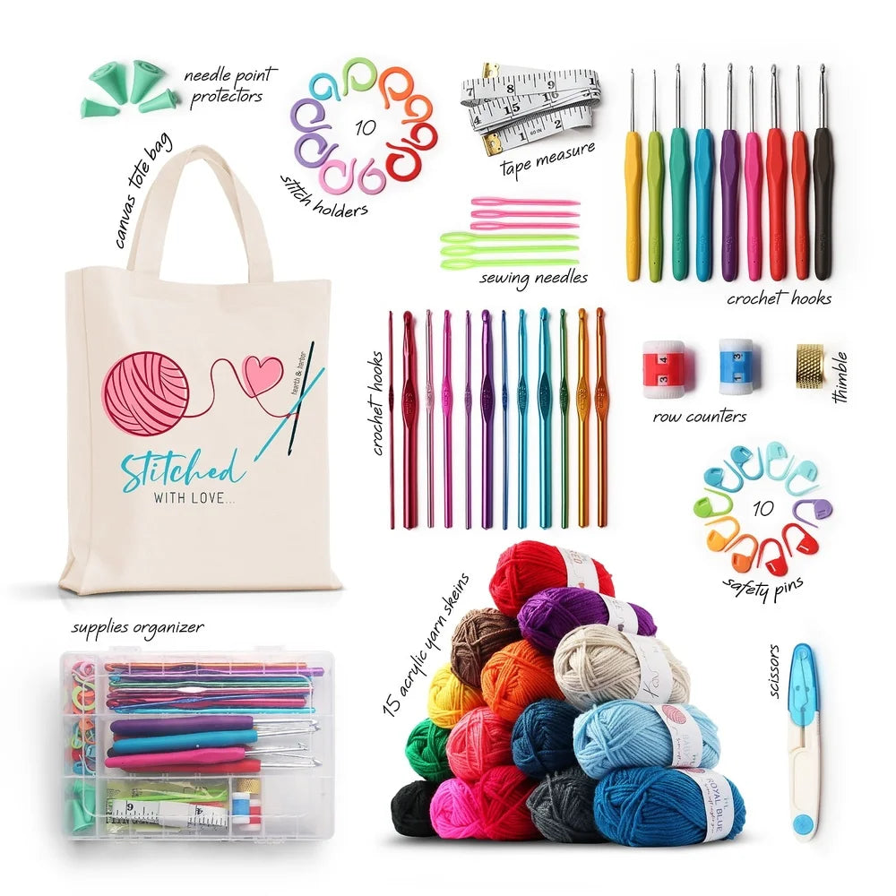 Crochet Craft Kit for Beginners 15 Color Yarn Bundle with Hooks
