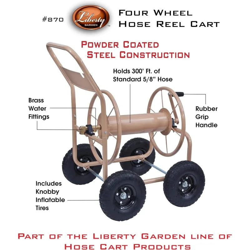 Beige 4 Wheel Hose Reel Cart for Garden and Lawn 300 Feet