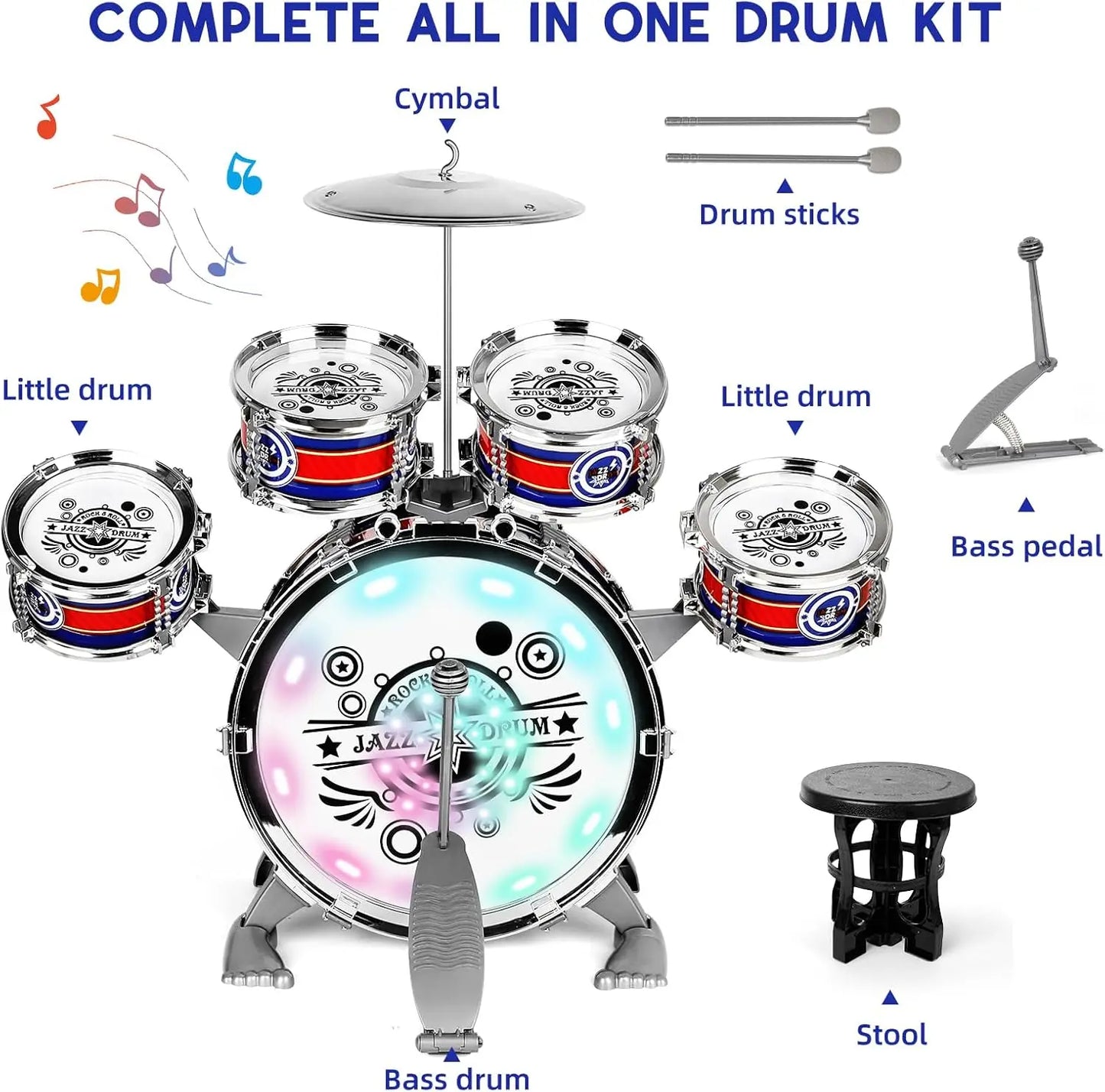 Mini Jazz Drum Set with Stool for Beginners Kids 6 Drums LED