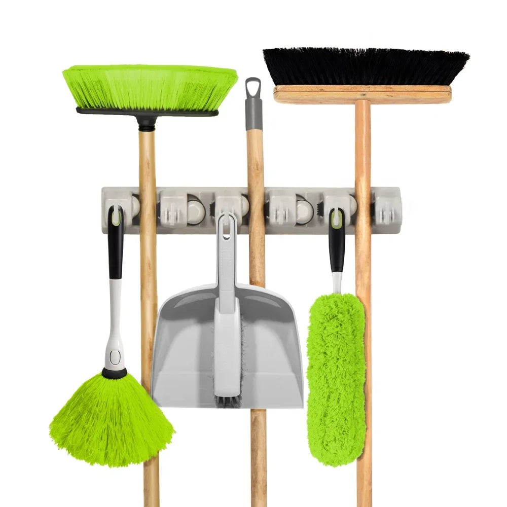 5 Broom Holder Wall Mounted Organizer with 6 Hooks for Utility